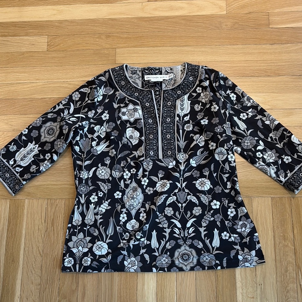 Gretchen Scott Designs Black and Gray Floral Tunic XL